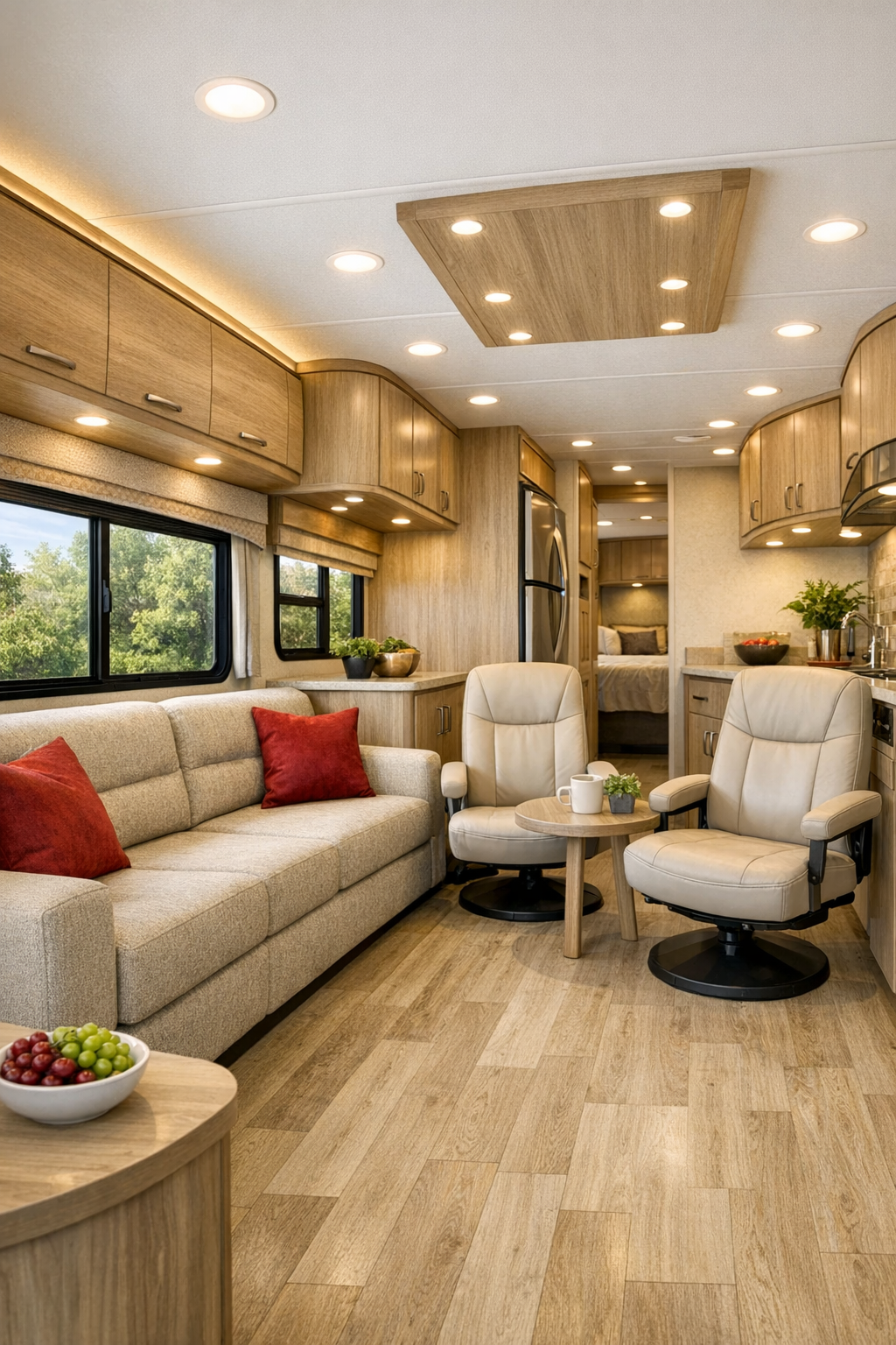 Accessible RV living room with oatmeal seating, pale wood finishes, and ruby accents