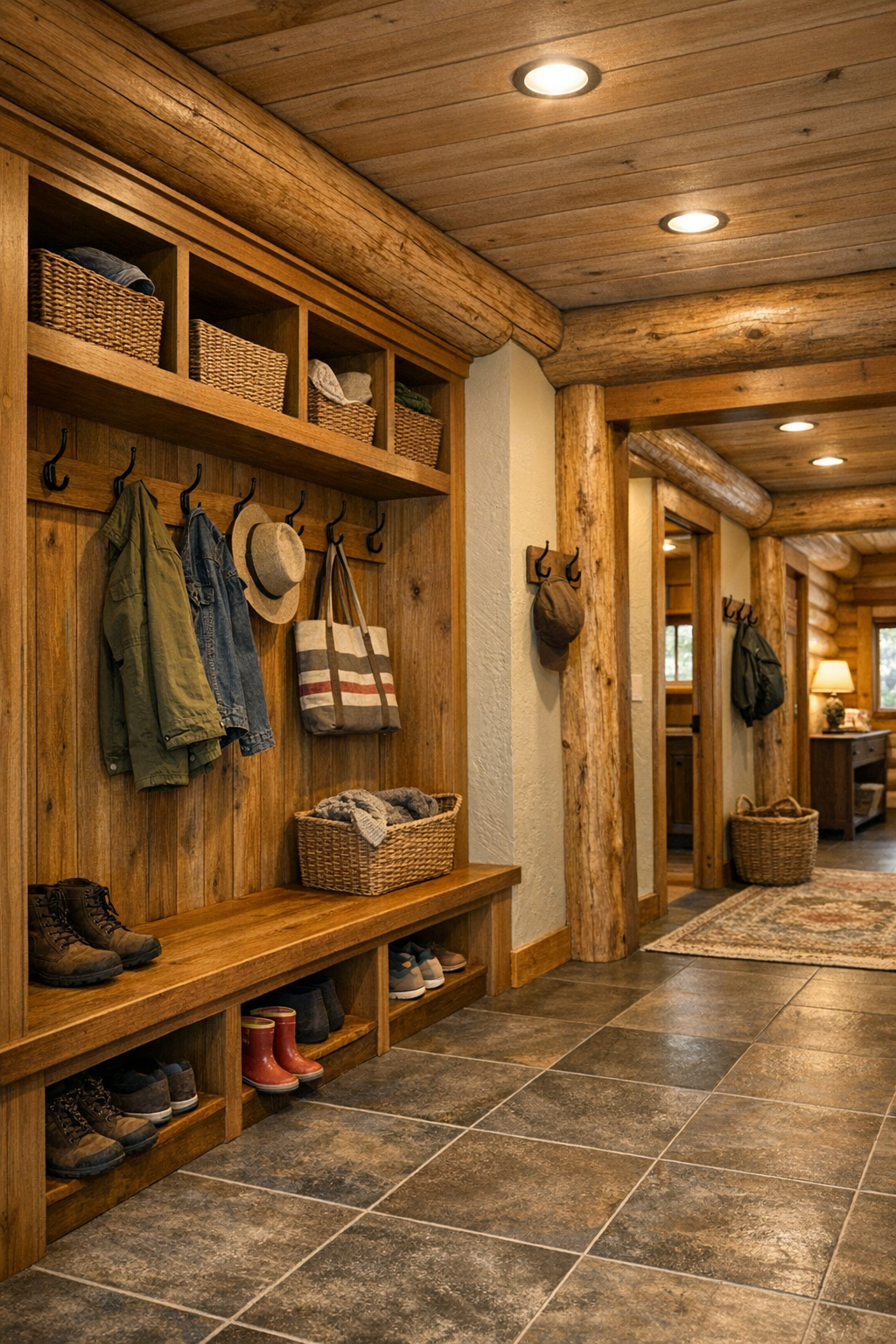 Functional mudroom and hallway area with built-in storage in a log home