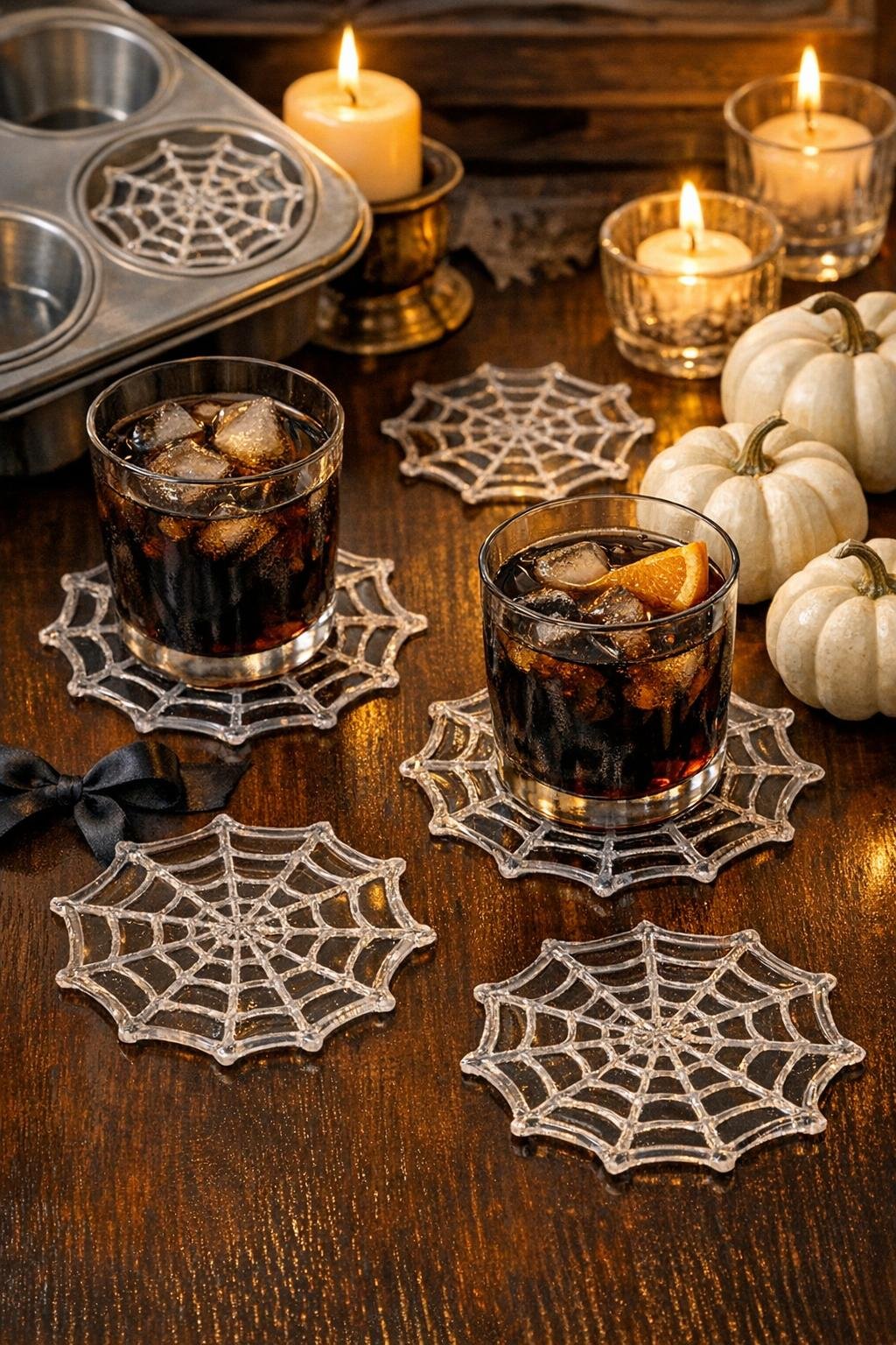 Finished clear hot glue spiderweb coasters displayed on a Halloween table