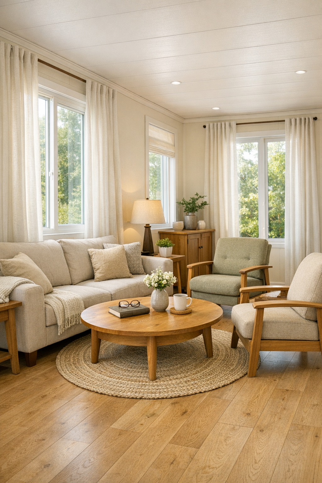 Creamy vanilla living room with pale oak floors, supportive seating, and soft daylight