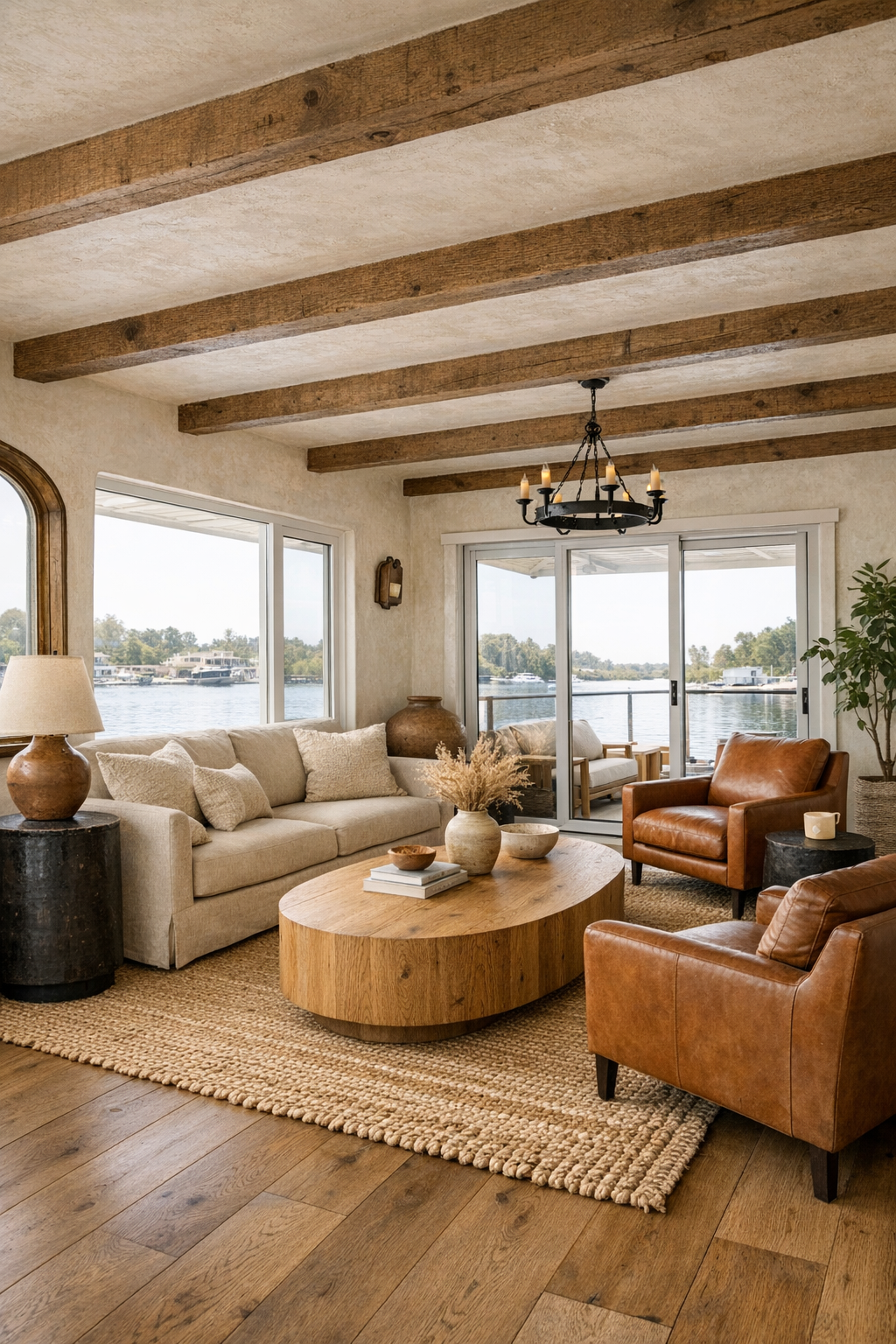 Sunlit Spanish-style houseboat living room with linen seating and oak floors