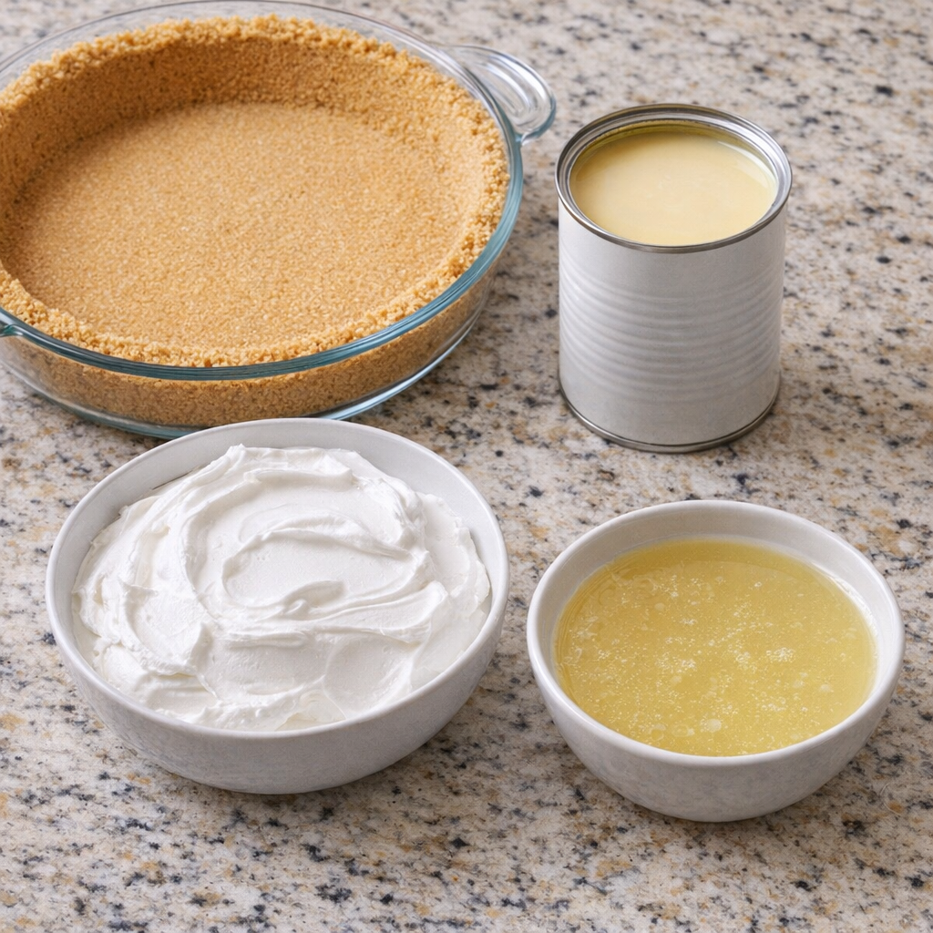 Measured ingredients for lemonade pie including graham cracker crust, sweetened condensed milk, whipped topping, and lemonade concentrate