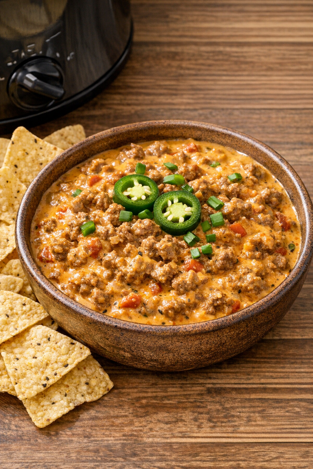 Finished slow cooker nacho beef served in a bowl with tortilla chips