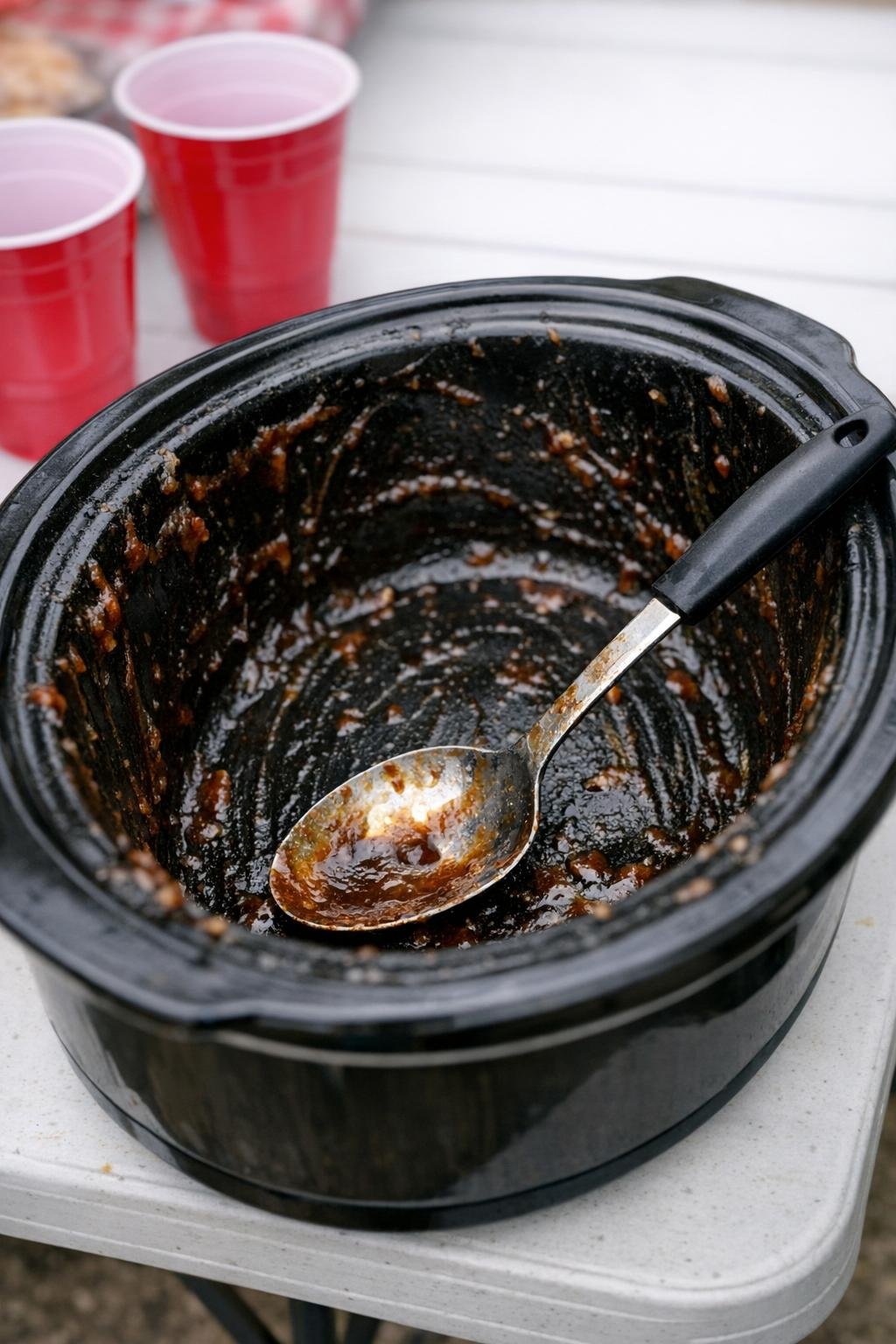 Black slow cooker crock scraped nearly clean on a folding table