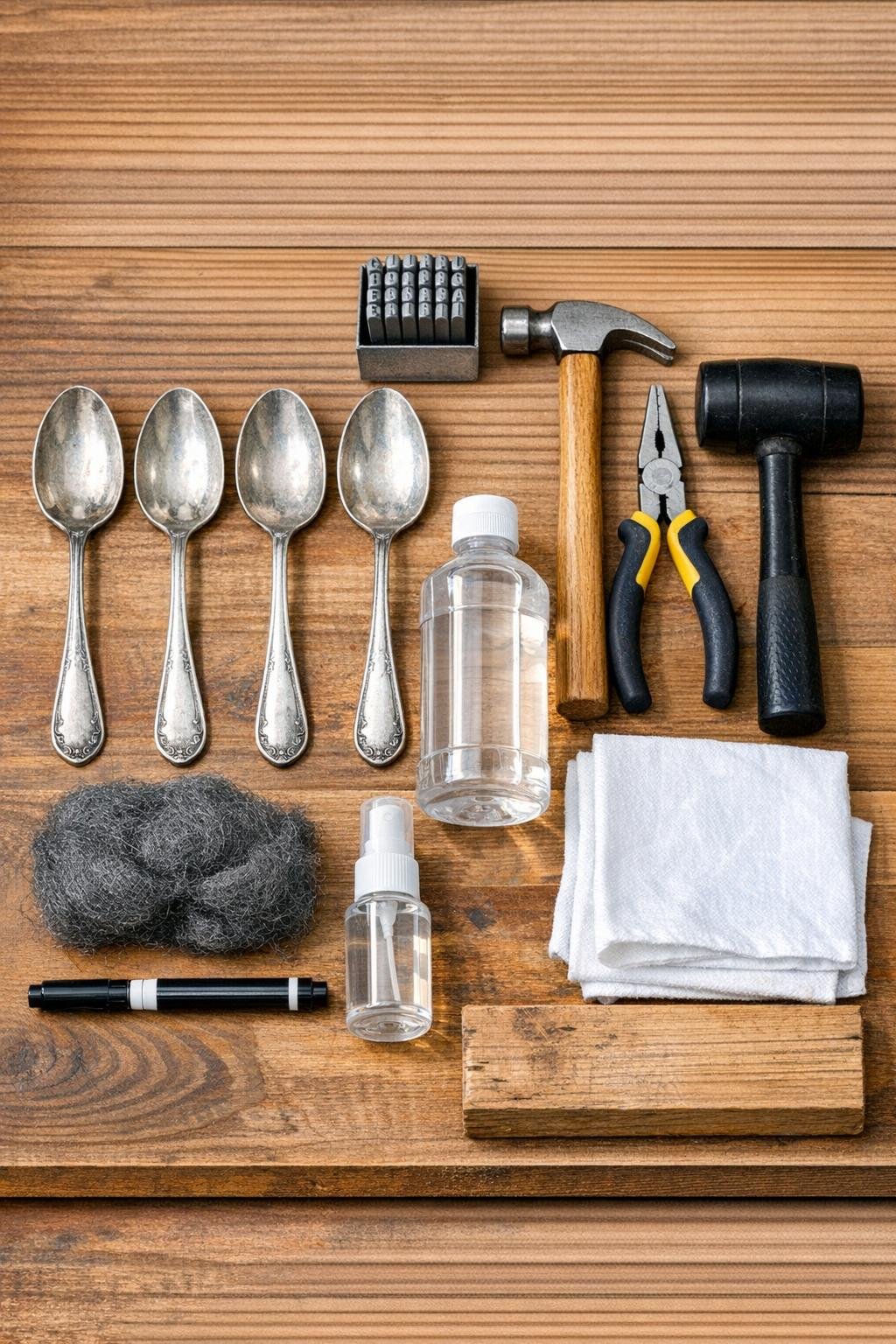 Materials for making four spoon garden markers laid out on a work surface