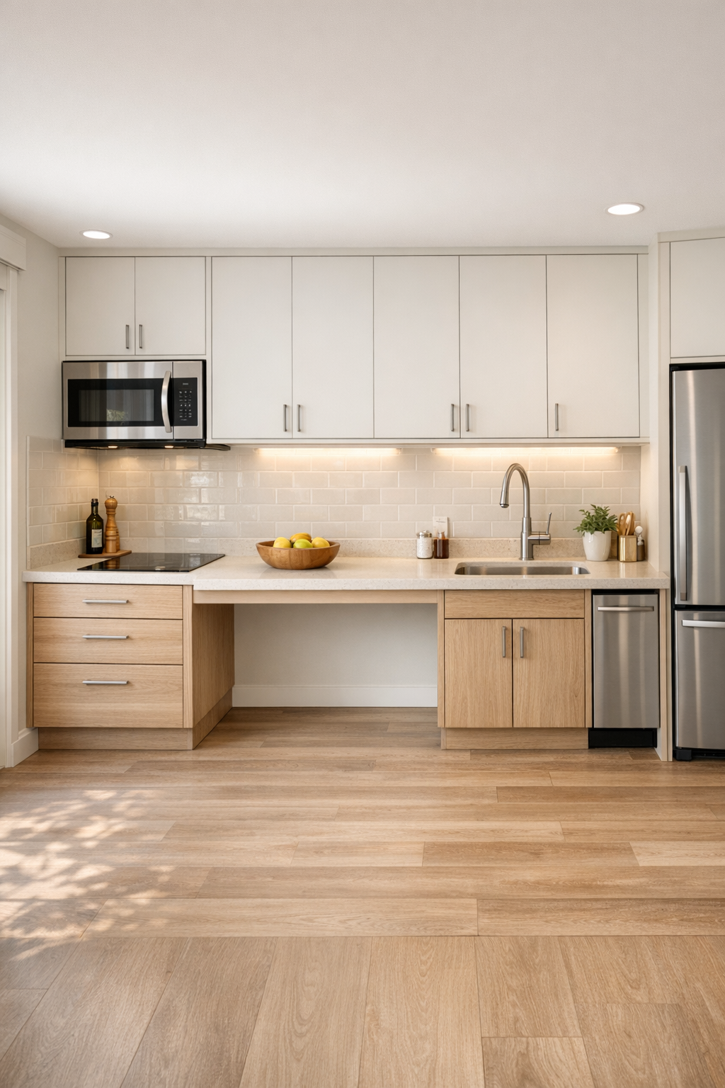 Accessible tiny home kitchen with cream cabinetry, pale oak, and quartz counters