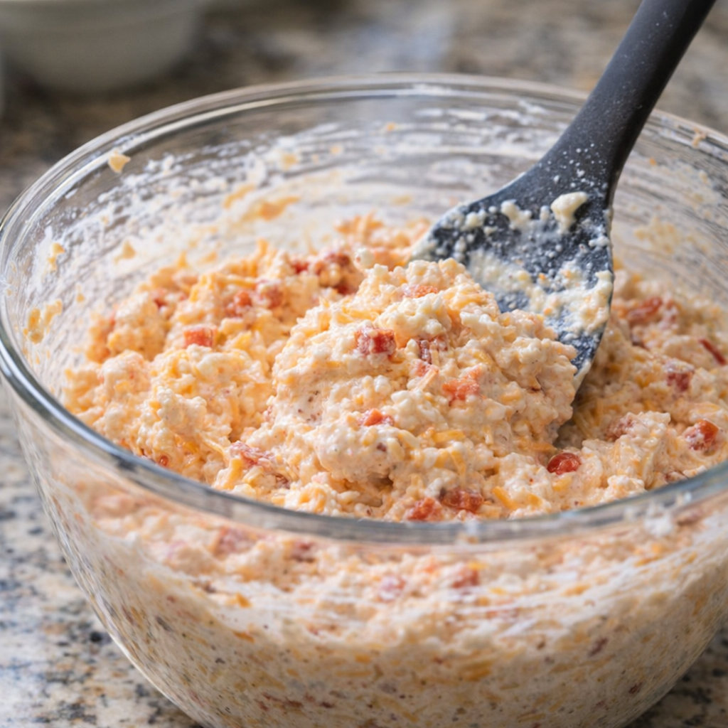 Pimento cheese mixture being stirred in glass bowl