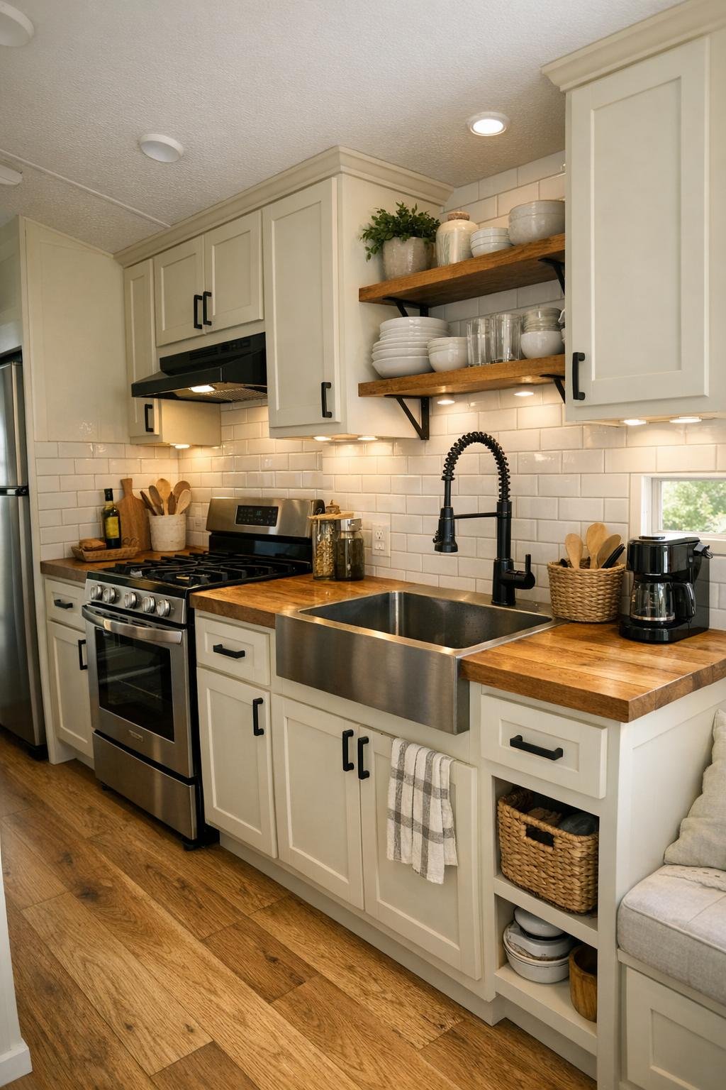 Bright galley kitchen in a park model RV with shaker cabinets and butcher block counters
