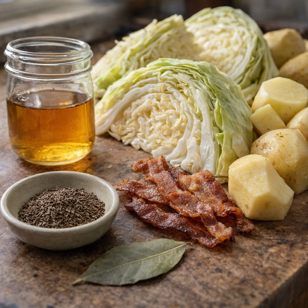 Variation ingredients for cabbage and potatoes on a kitchen counter