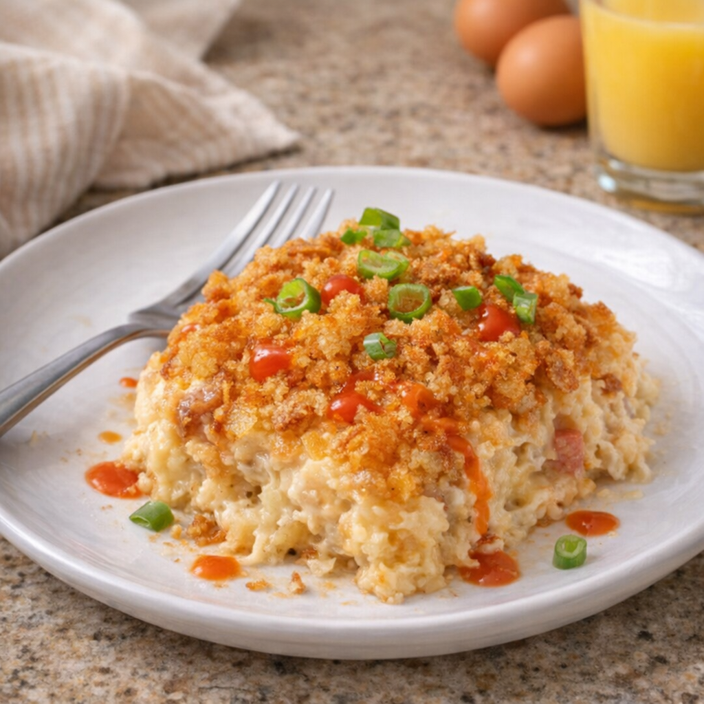 Single serving of cheesy hash brown bake with toppings