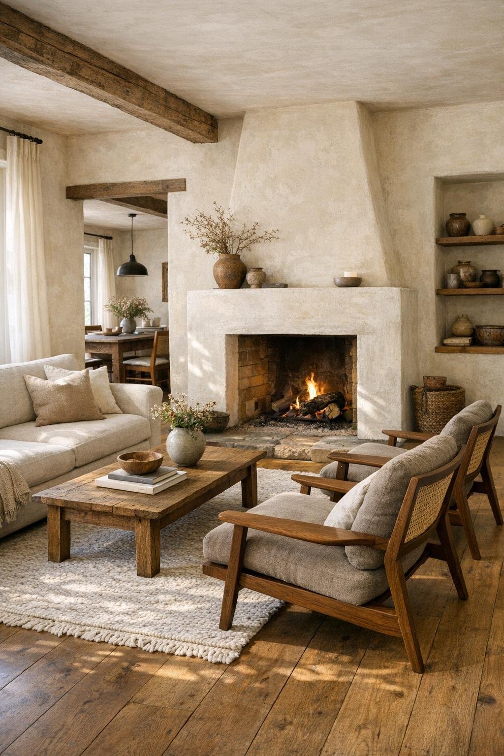 Warm cottage living room with limewashed walls, oak floors, linen sofa, and walnut chairs