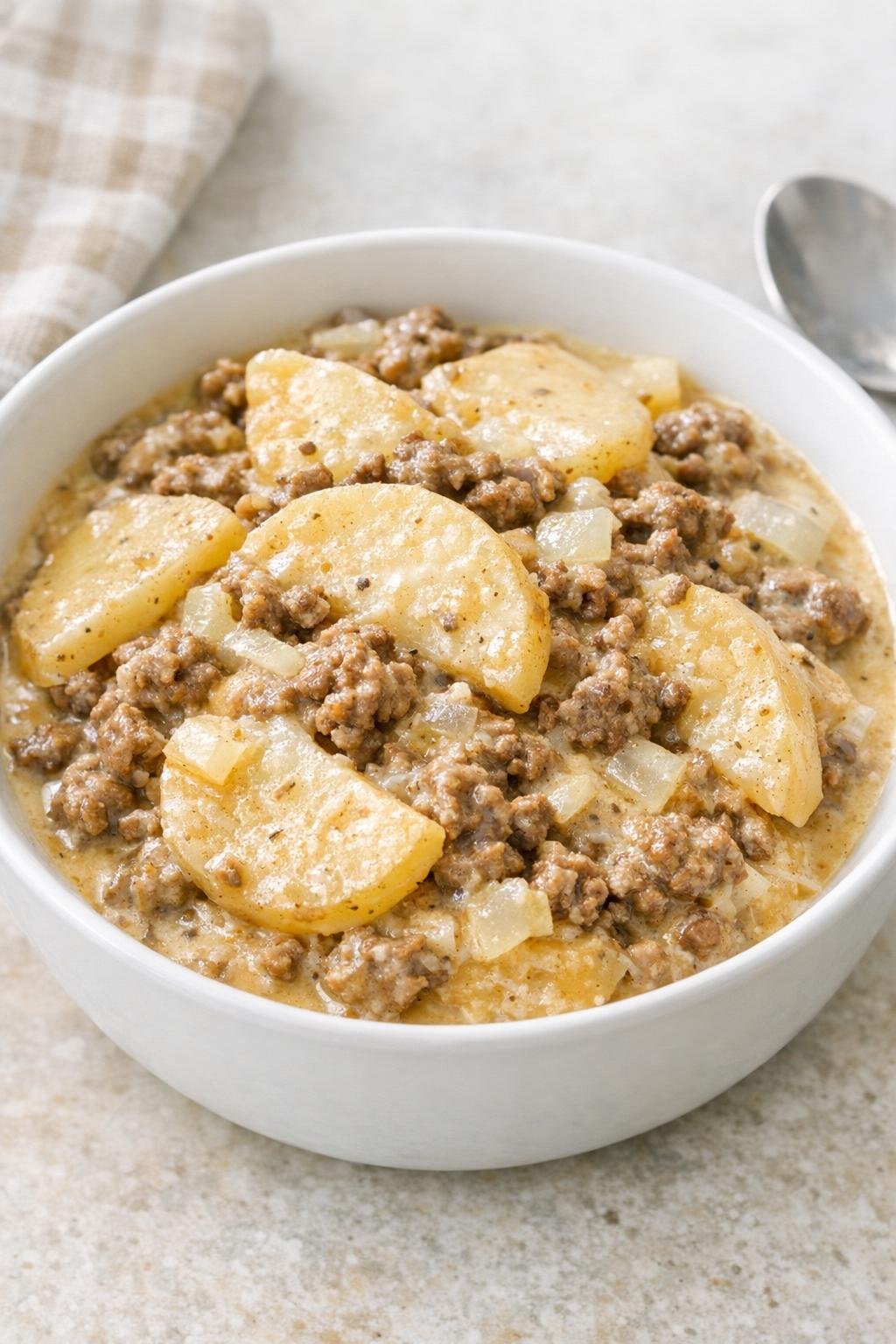 Finished creamy ground beef hash in a bowl