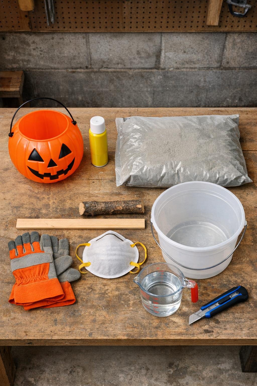 Materials for making a concrete pumpkin doorstop laid out on a worktable