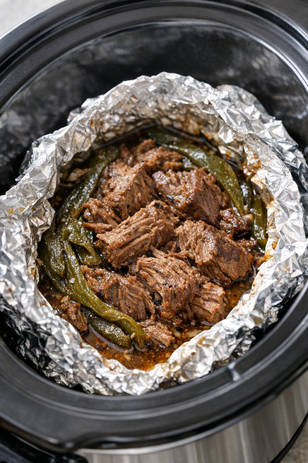 Cooked foil packet opened to reveal tender beef and poblanos