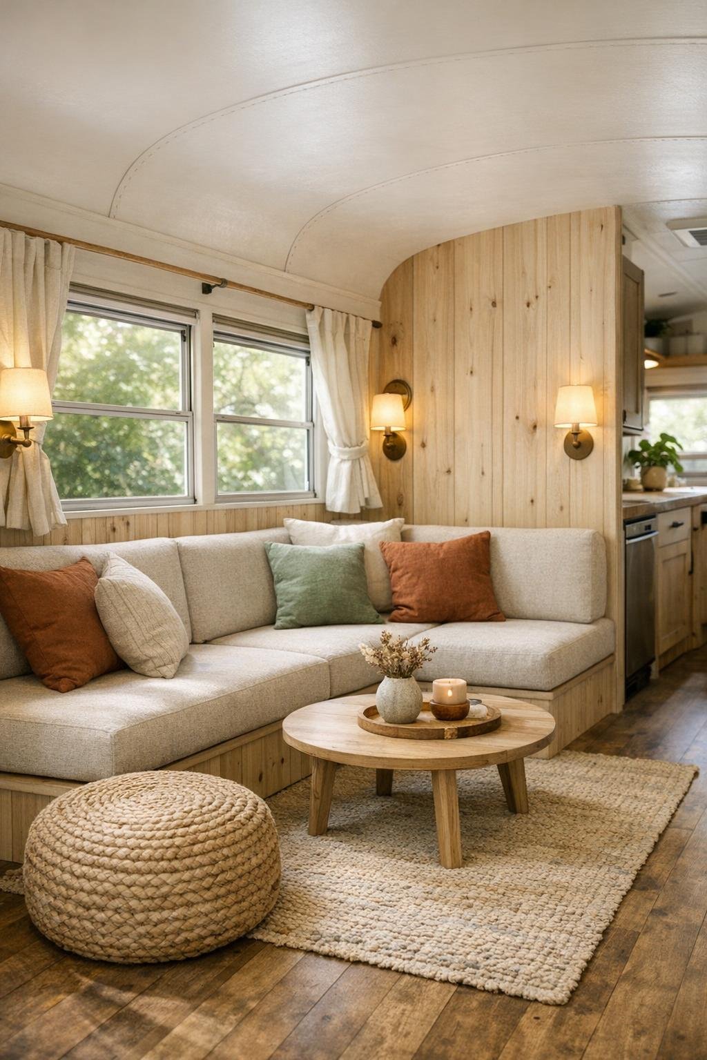 Cozy bus living room with built-in bench seating and pale wood finishes
