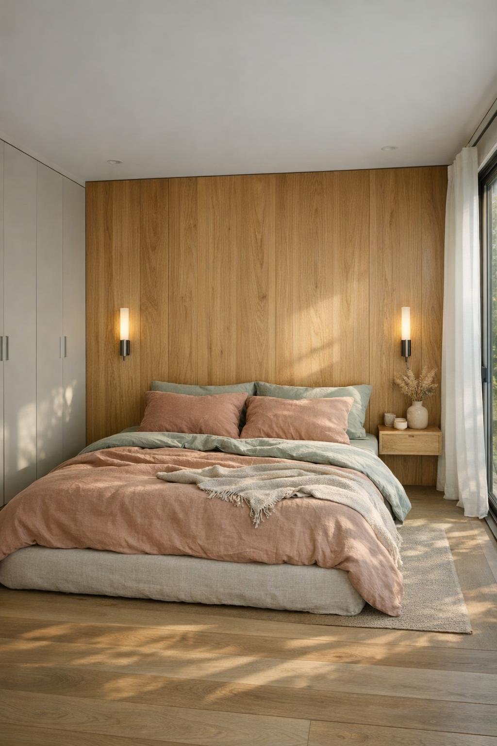 Serene bedroom with a linen bed and oak feature wall