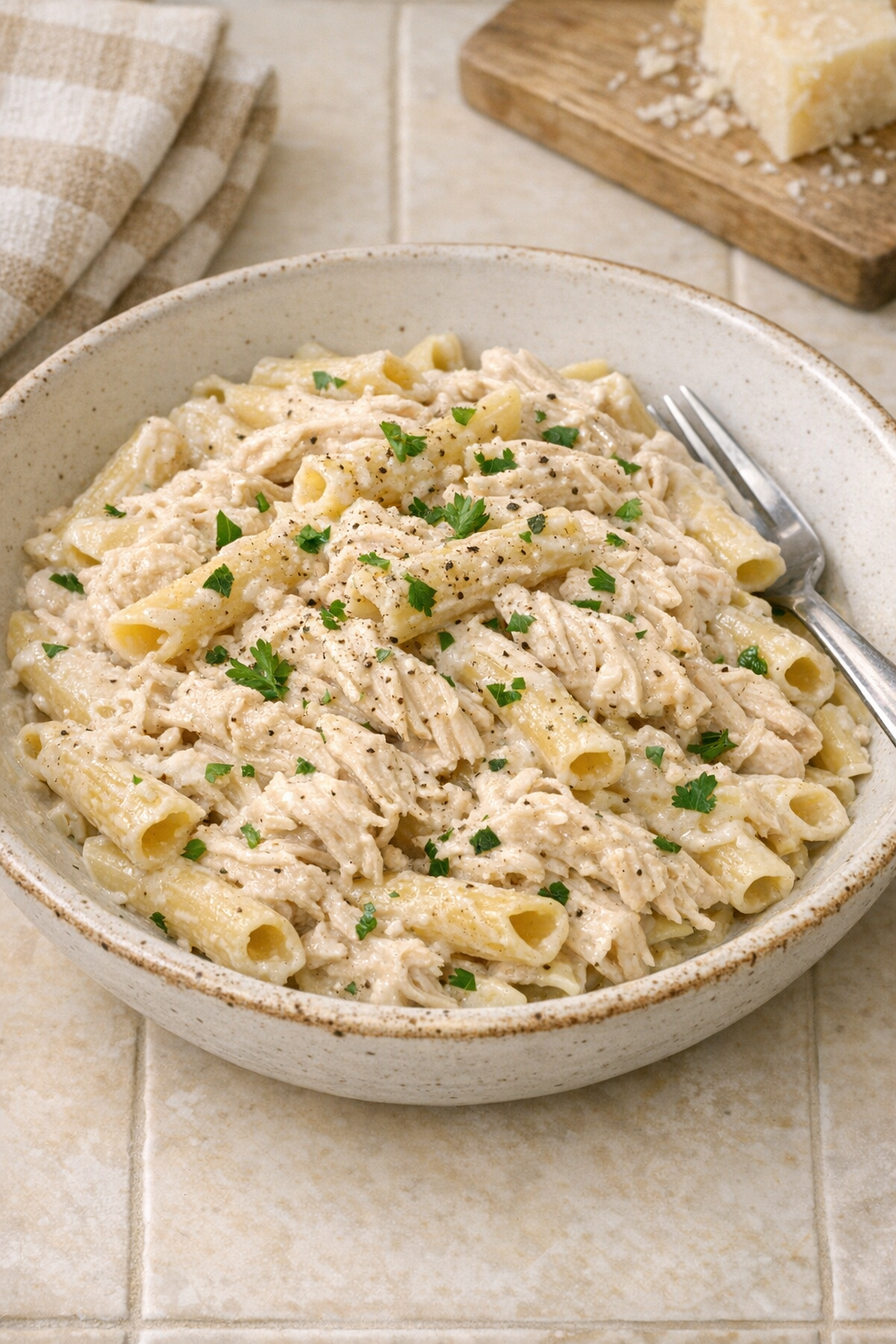 Finished buttermilk chicken pasta plated in a rustic bowl