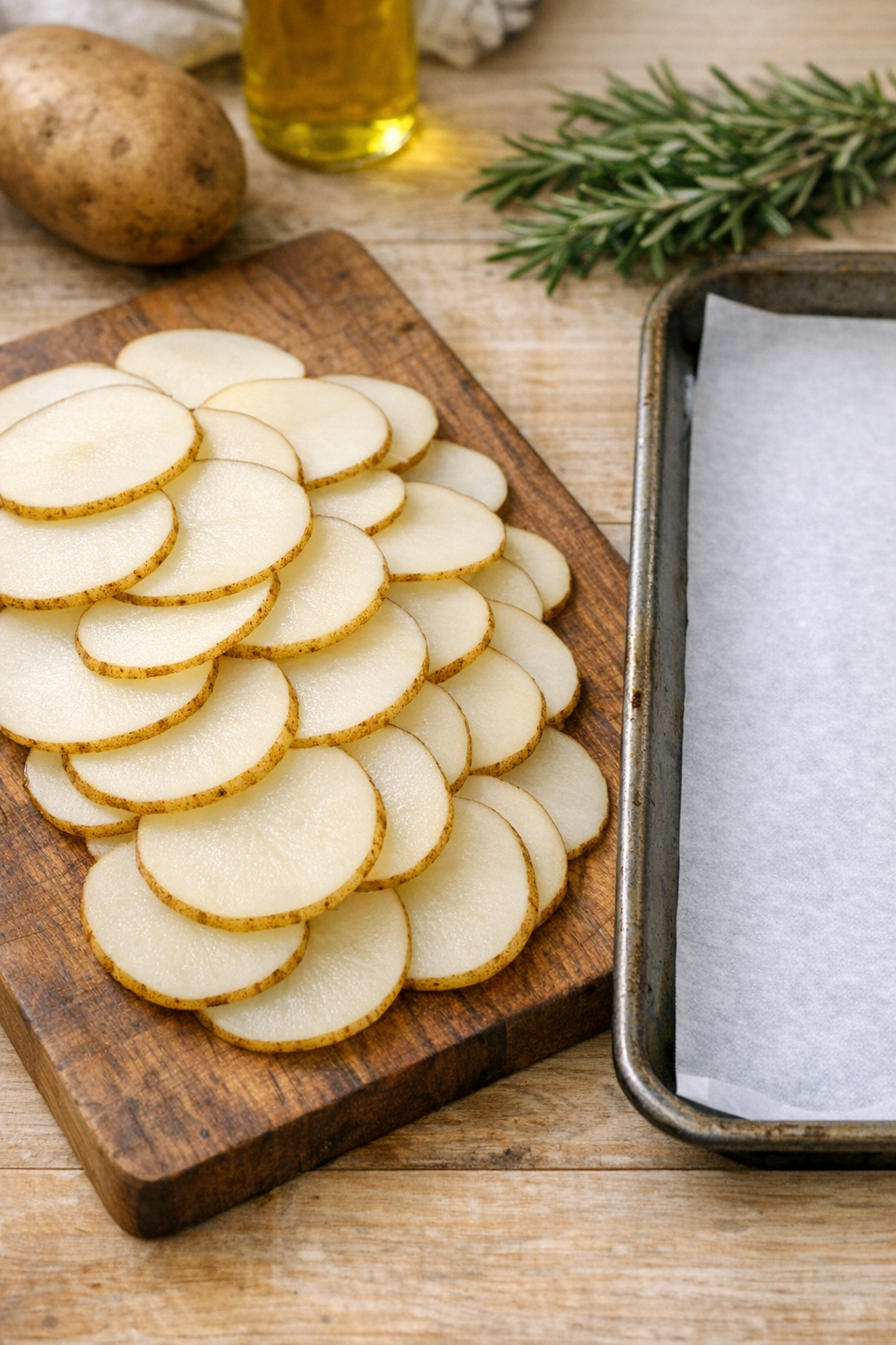 Very thin potato slices on a cutting board beside a parchment-lined baking sheet