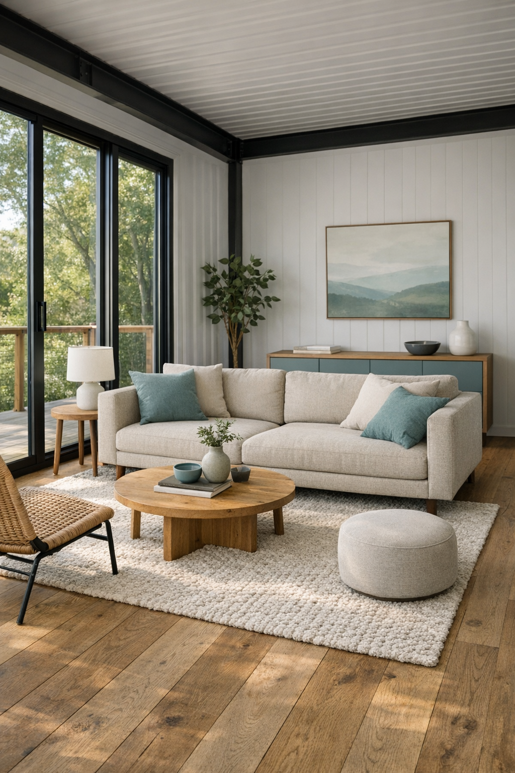 Calm modern living room with oak floors, neutral sofa, and black-framed windows