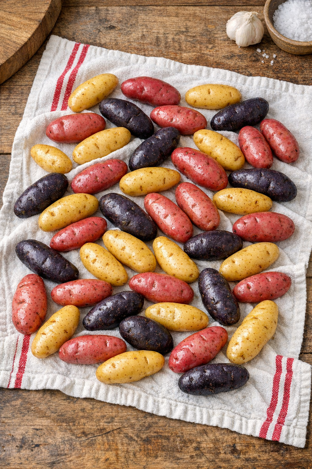 Clean dried fingerling potatoes on a towel