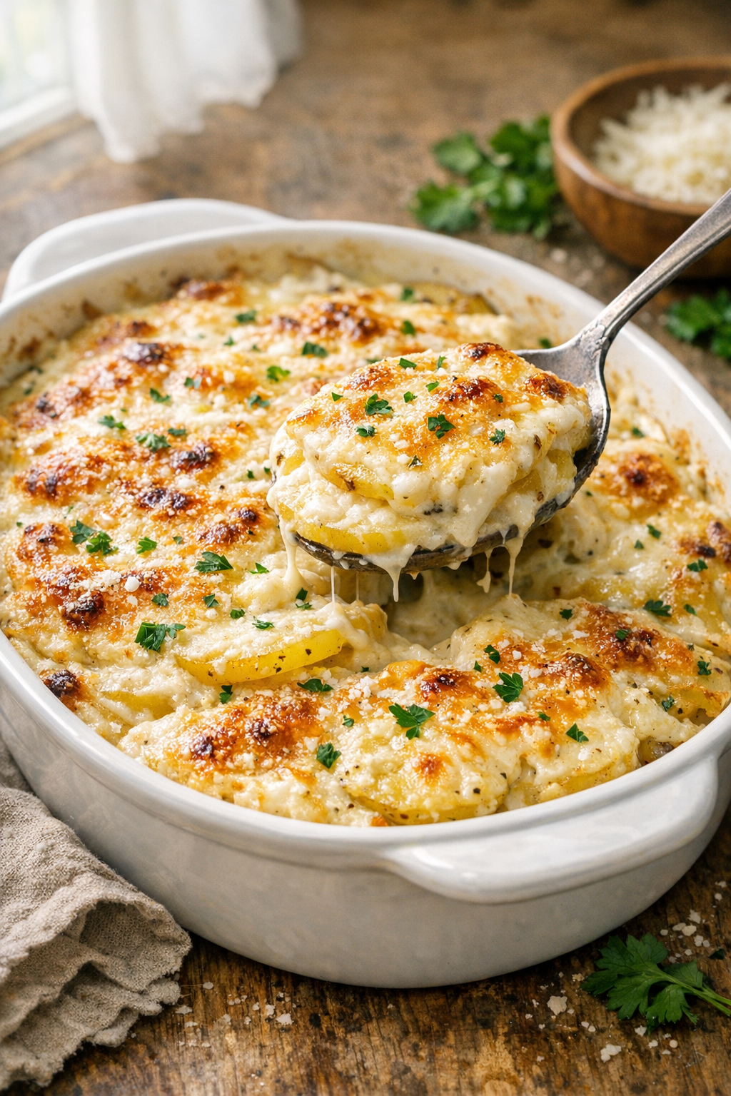 Finished baked garlic Alfredo potatoes in a casserole dish