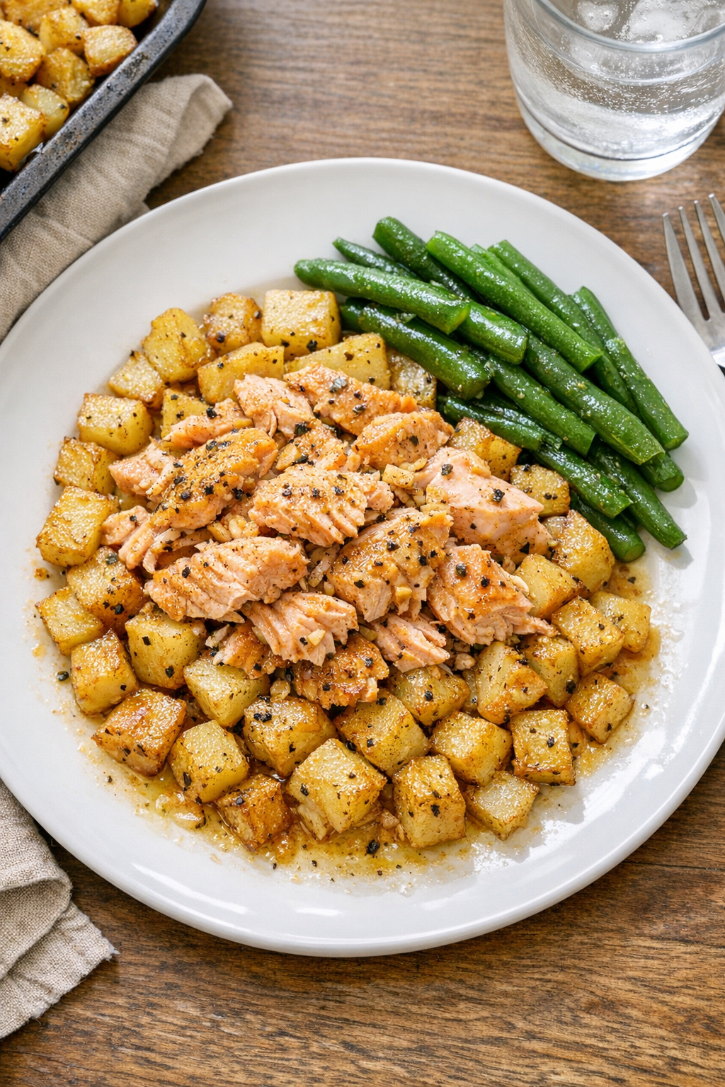 Finished lemon pepper salmon and roasted potatoes on a dinner plate