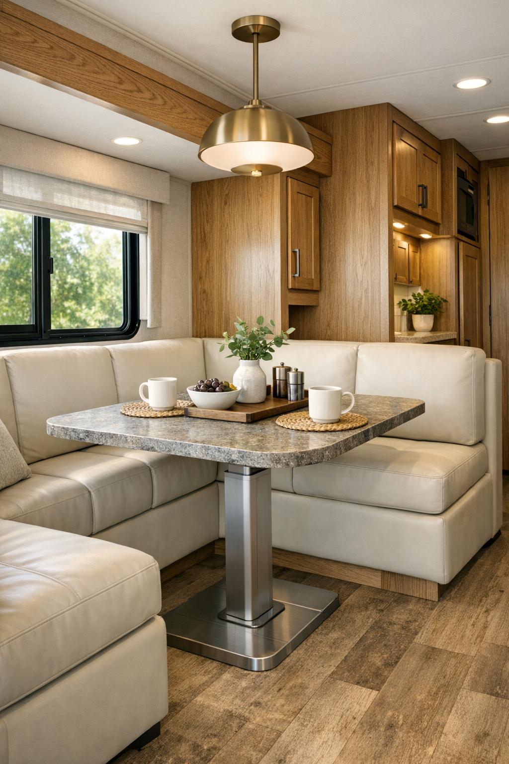 RV dining nook with pedestal table, built-in bench seating, and oak millwork