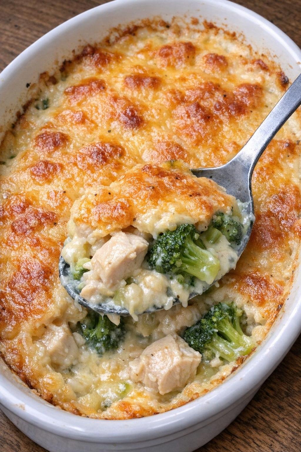 Creamy chicken and broccoli casserole in a white baking dish
