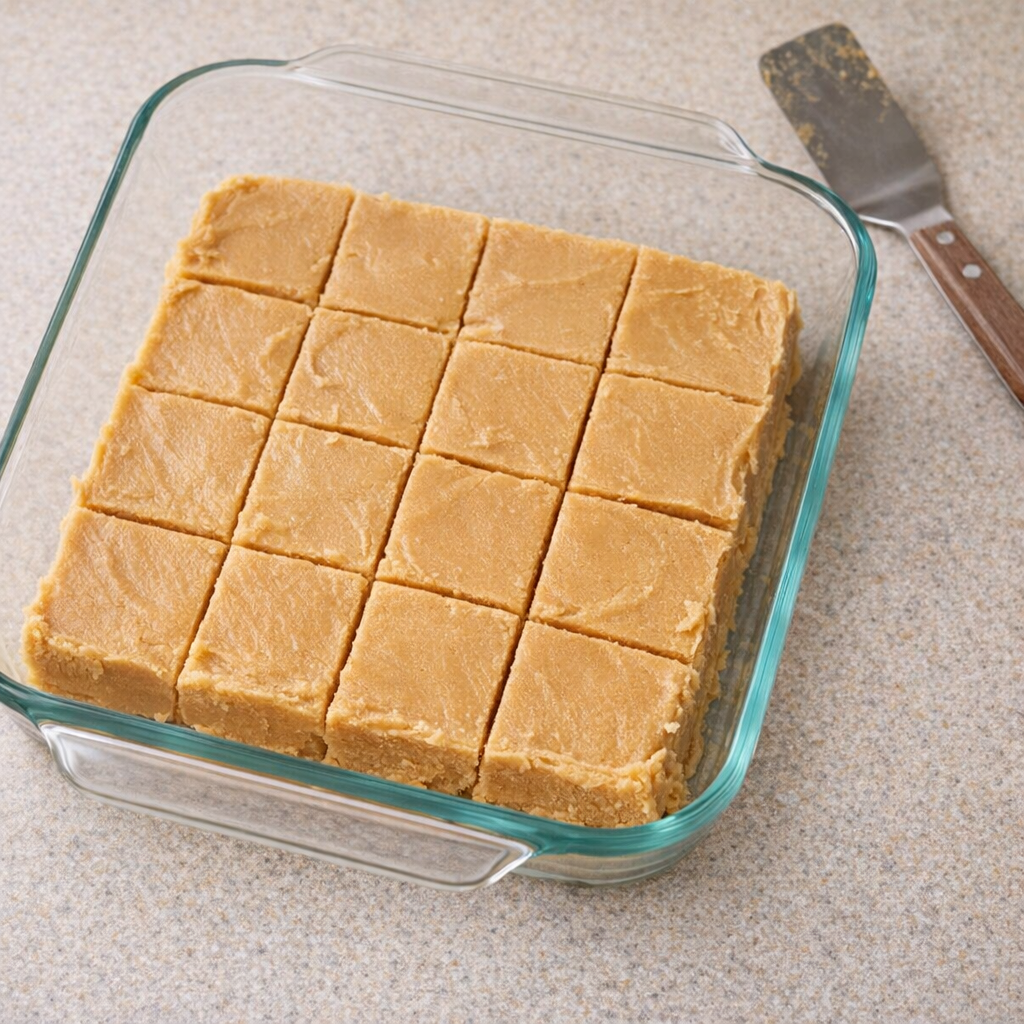 Peanut butter fudge squares in a clear Pyrex dish on a kitchen counter