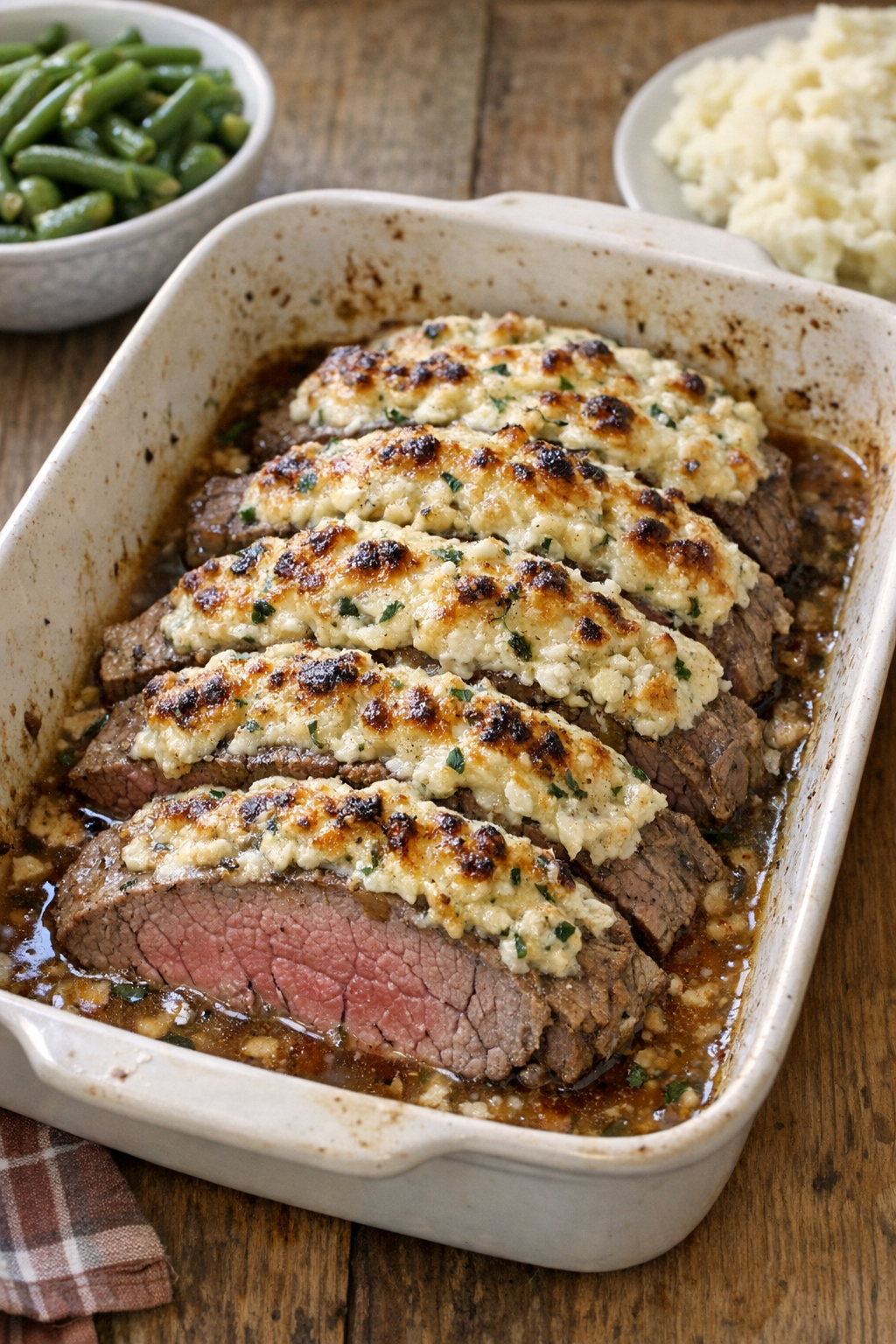 Finished Amish-style beef and cream cheese bake sliced and served on a platter