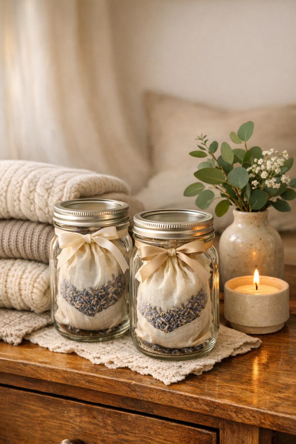 Finished lavender sweater freshener mason jars styled on a bedroom dresser