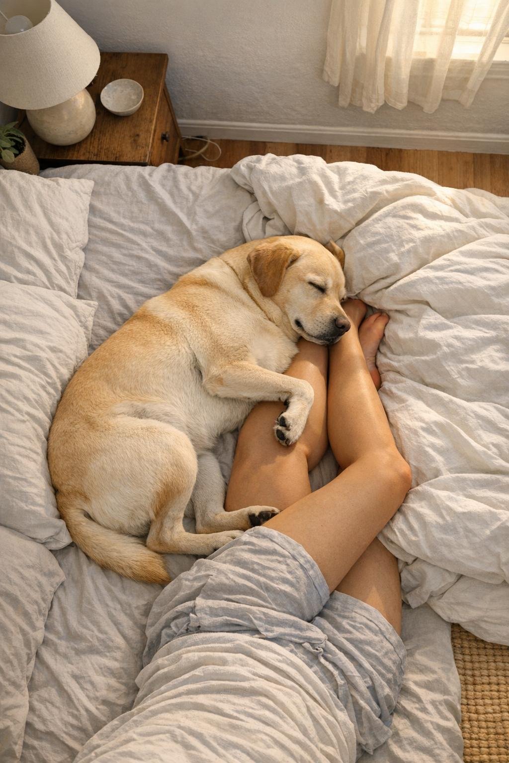 A relaxed dog sleeping soundly against a person's legs