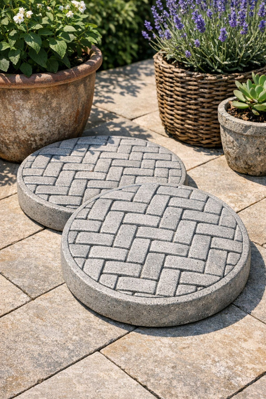 Finished heavy woven cement patio discs styled outdoors