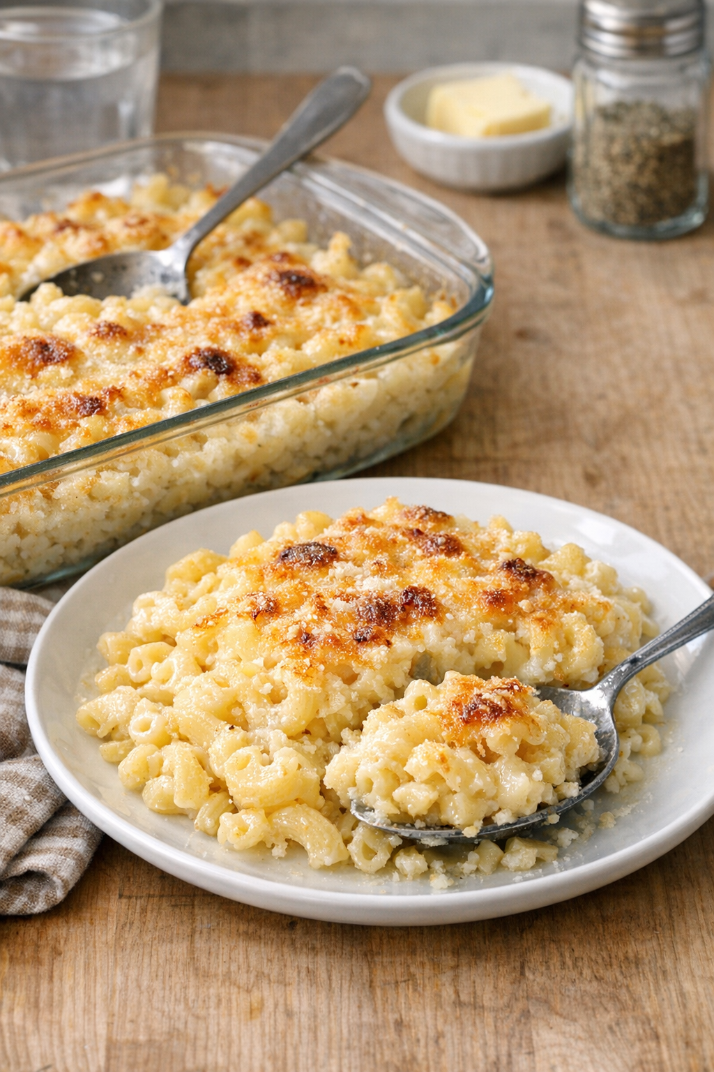 Finished baked Romano macaroni in a casserole dish