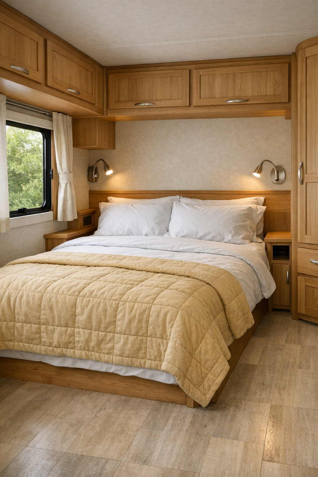 Serene RV bedroom with low bed, white linens, pale quilt, and built-in wood storage