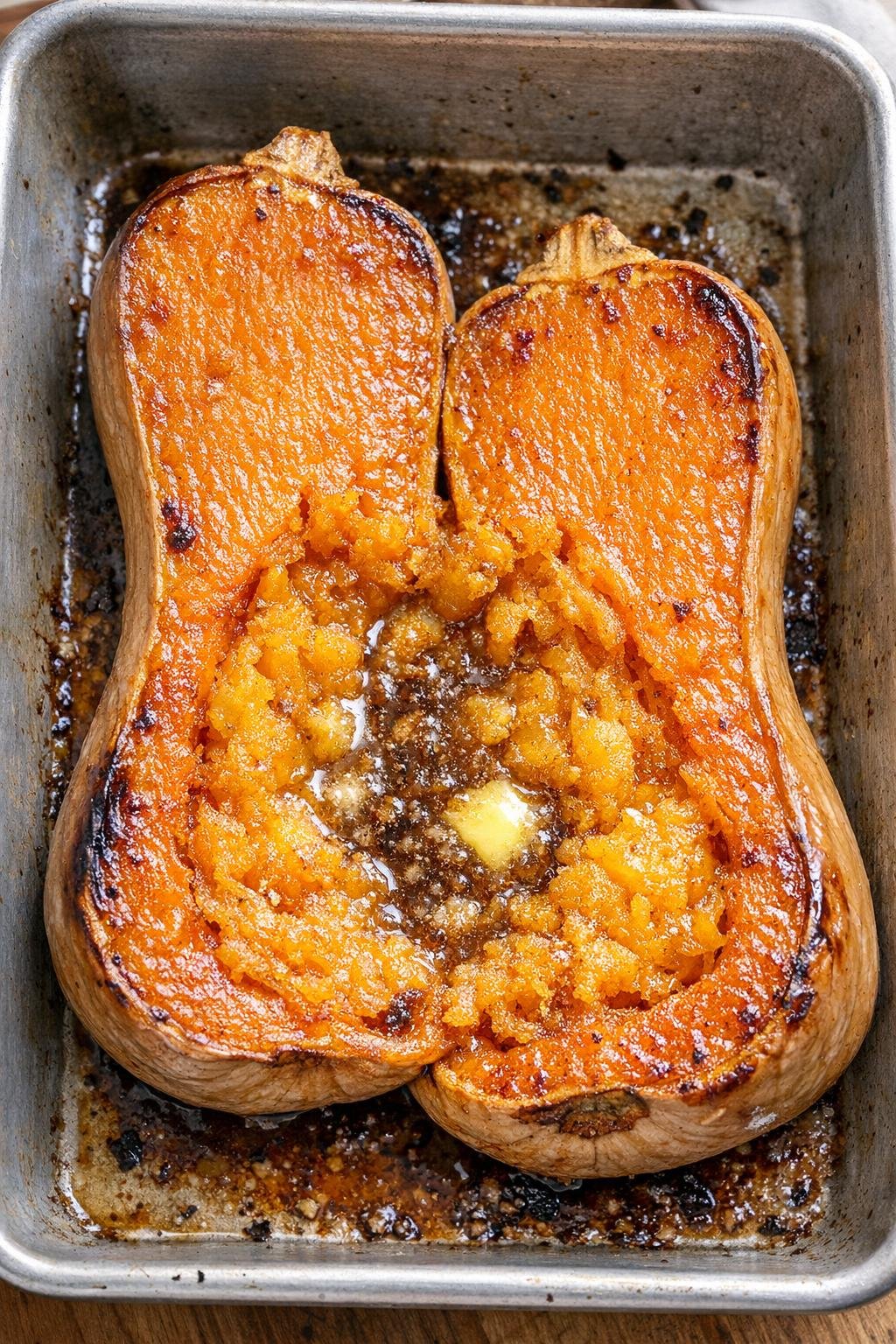 Finished roasted butternut squash dessert in roasting pan