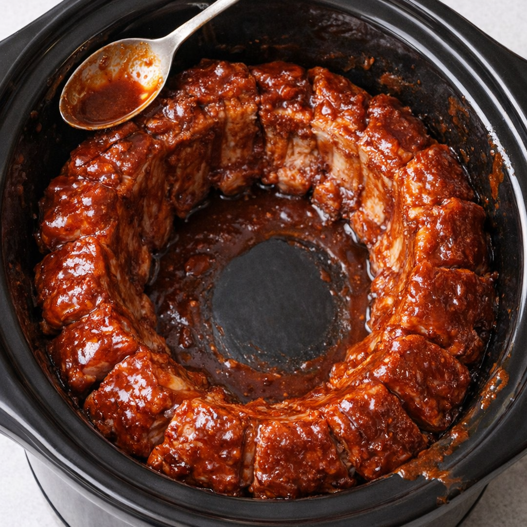 Sauced ribs arranged inside a slow cooker before cooking