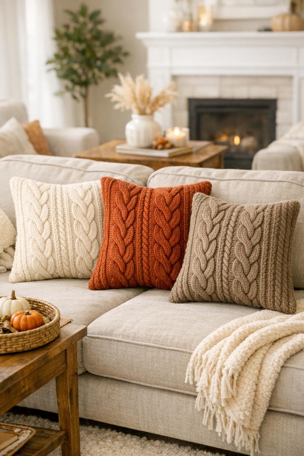 Three finished cable knit autumn throw pillows on a sofa