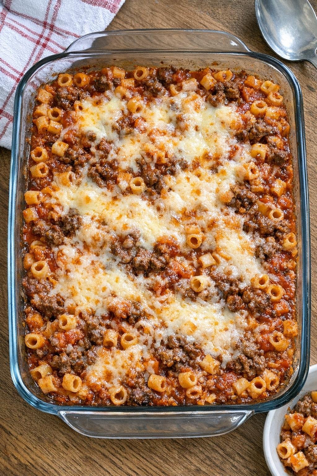 Finished baked ditalini casserole in a glass baking dish