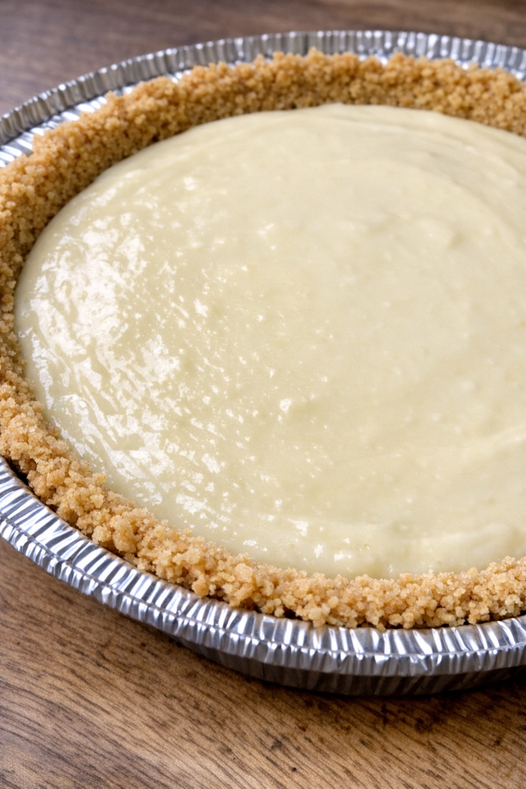 Close-up of chilled 3-ingredient lemonade pie in an aluminum pie tin