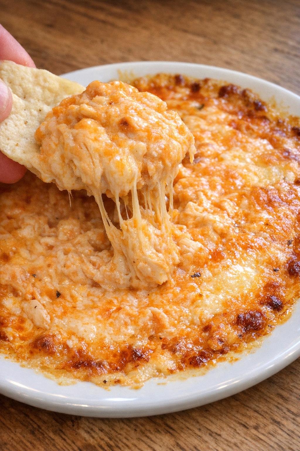 Bubbling creamy buffalo chicken dip on a white plate