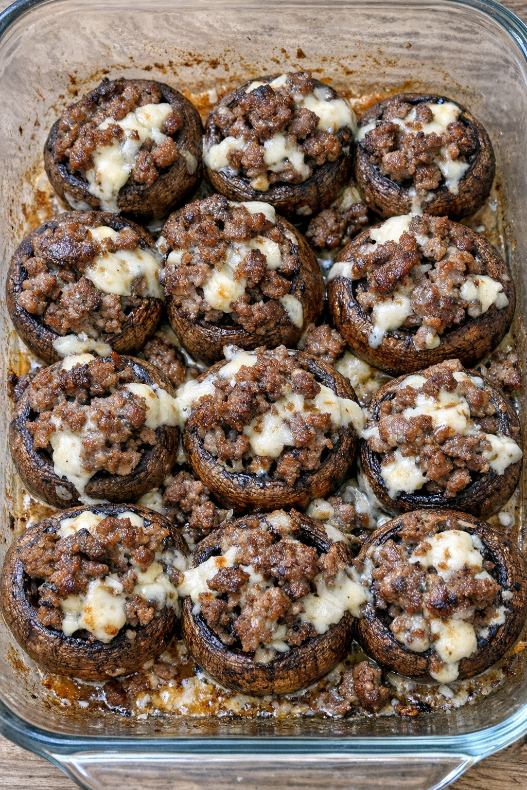 Oven baked beef stuffed mushrooms ready to serve