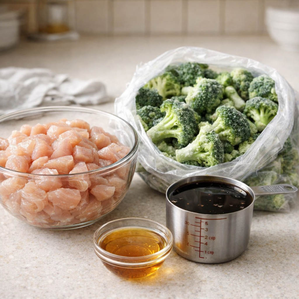 Simple ingredients for teriyaki chicken and broccoli laid out on a kitchen counter