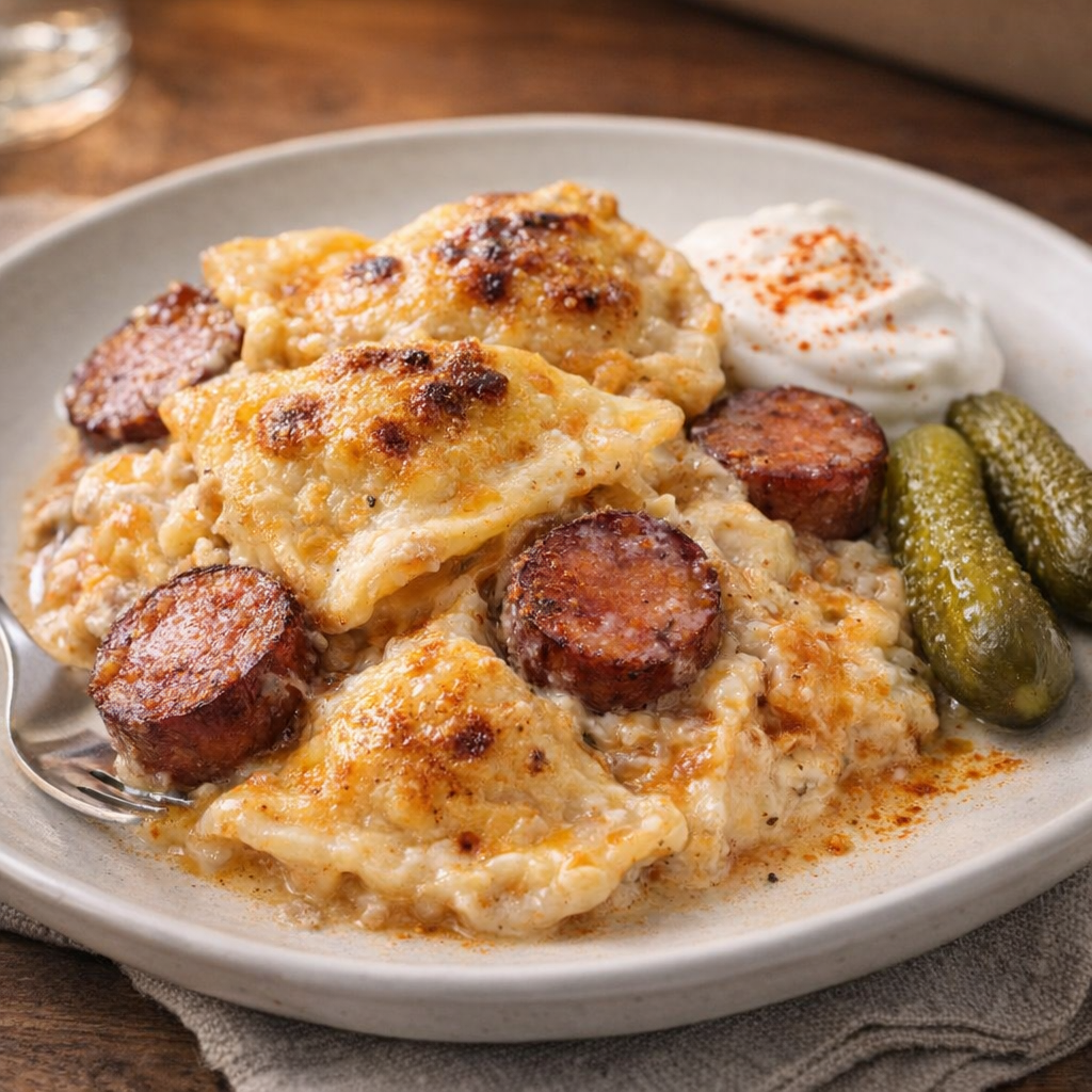 Served casserole portion with sour cream and pickles