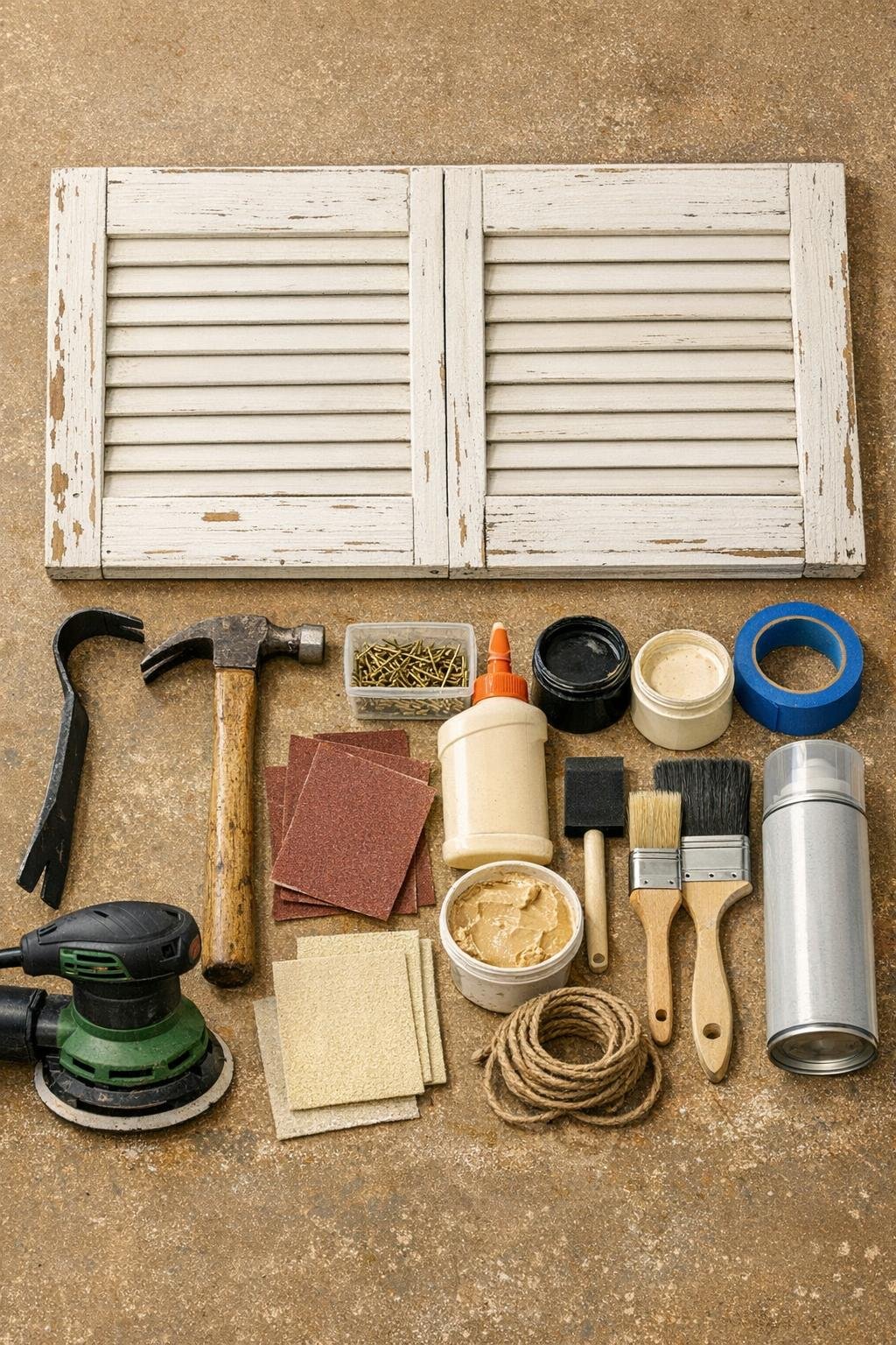 Materials for a rustic shutter porch sign laid out together