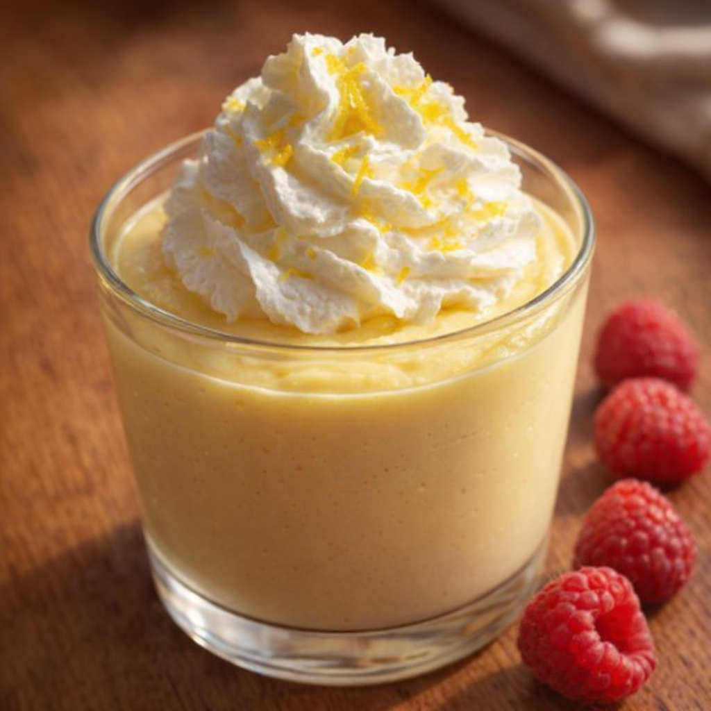 Lemon mousse in a glass dessert cup on a kitchen table