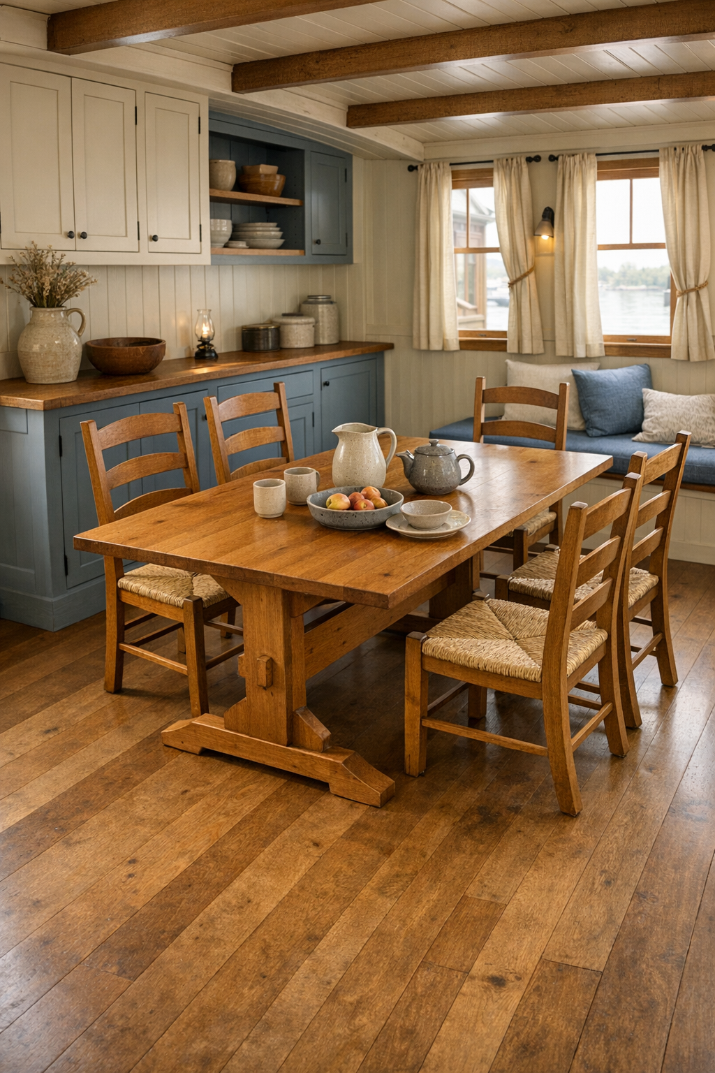 Accessible dining room with Shaker trestle table and ladder-back chairs in soft natural tones