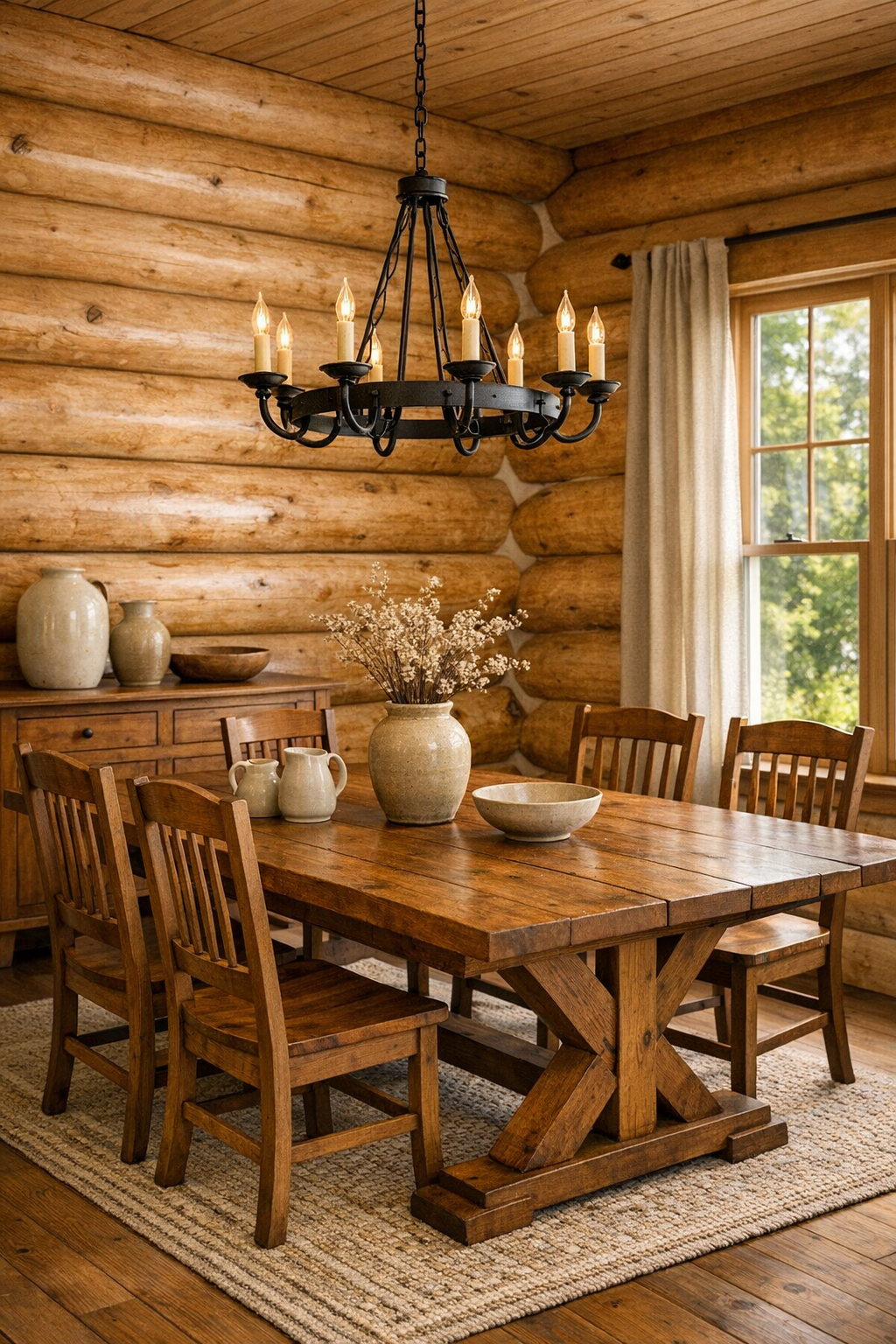 Dining room with a handcrafted wood table, matching chairs, and iron chandelier