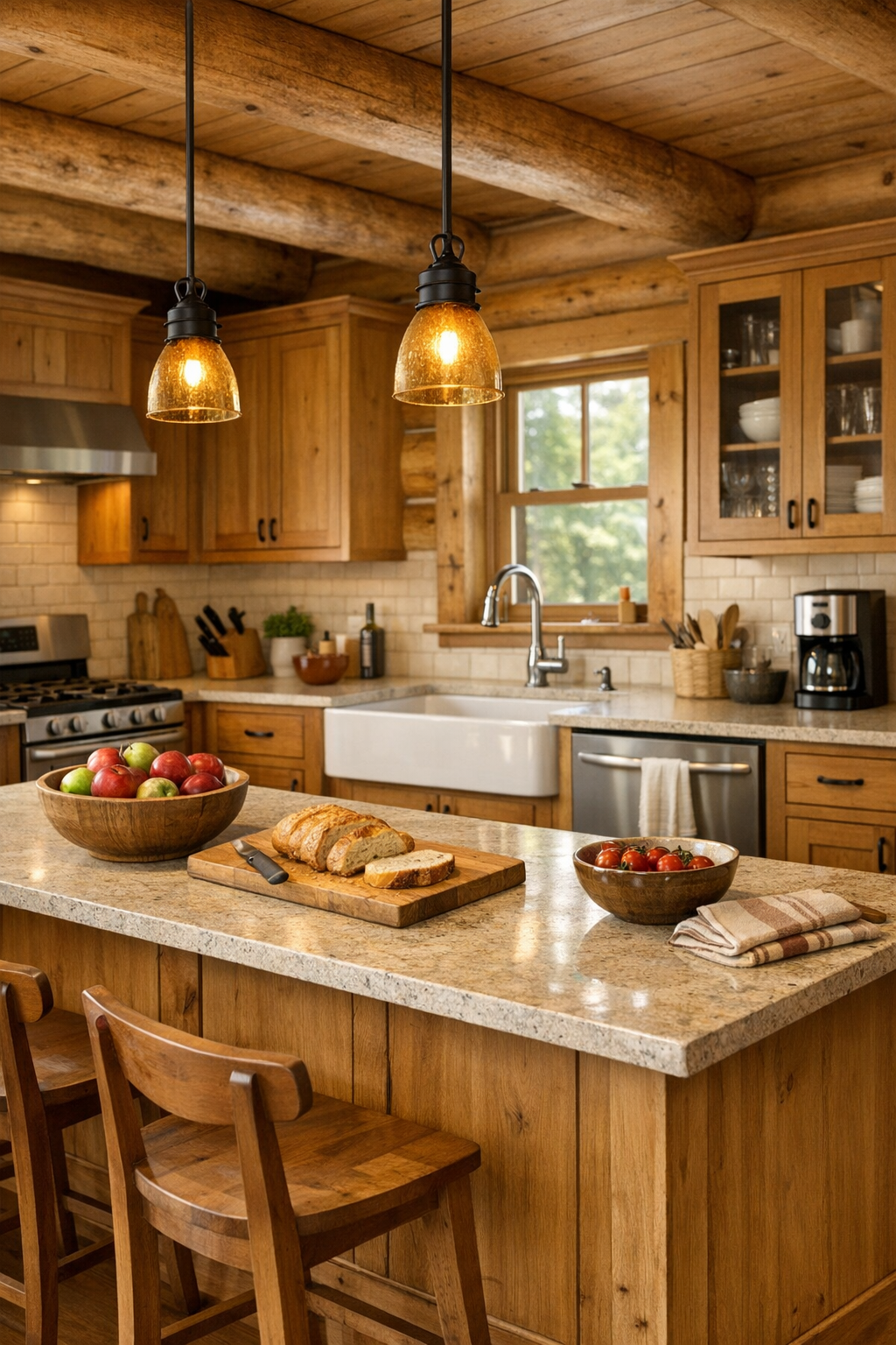 Crafted log home kitchen with wood cabinetry, island, and bright family-friendly finishes