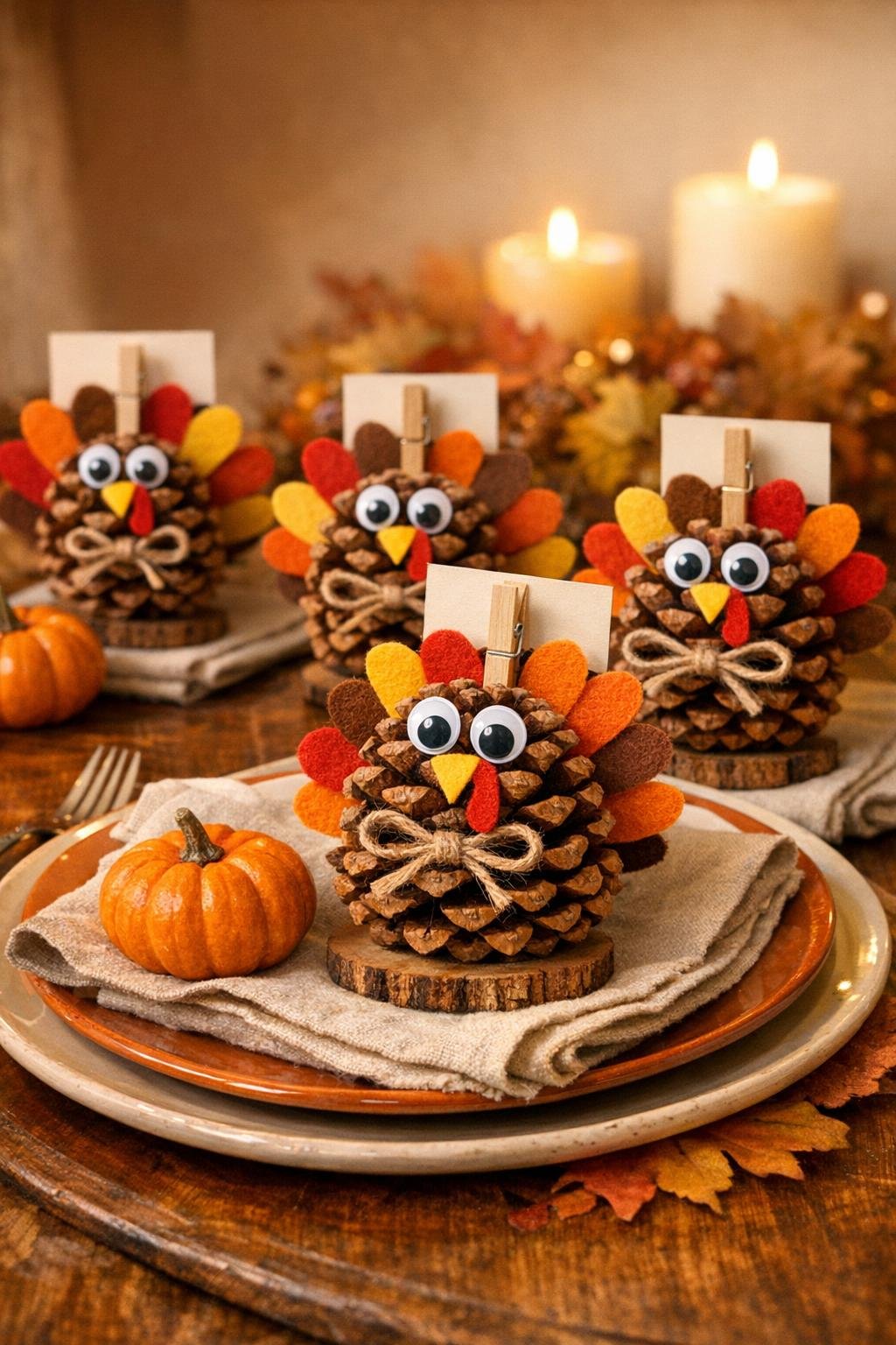 Finished pinecone turkey place card holders displayed on a Thanksgiving table